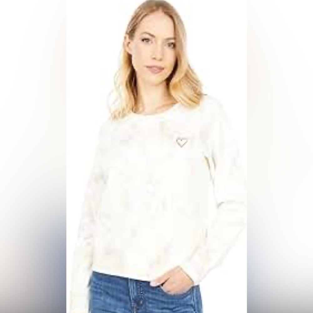 Madewell white yellow and purple tie dyed sweatshirt with embroidered heart.